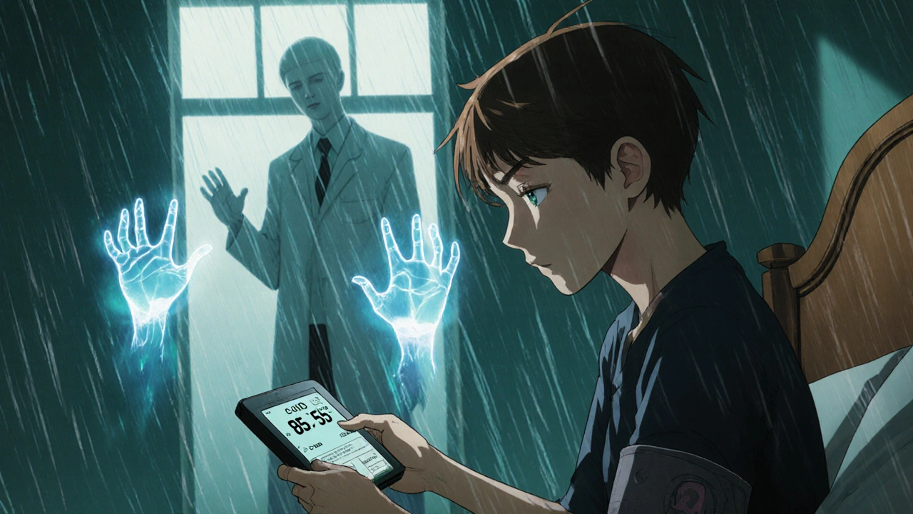 A person checking their blood pressure at home, alarmed as spectral CoQ10 energy reaches from a tablet, doctor watching from a portal.