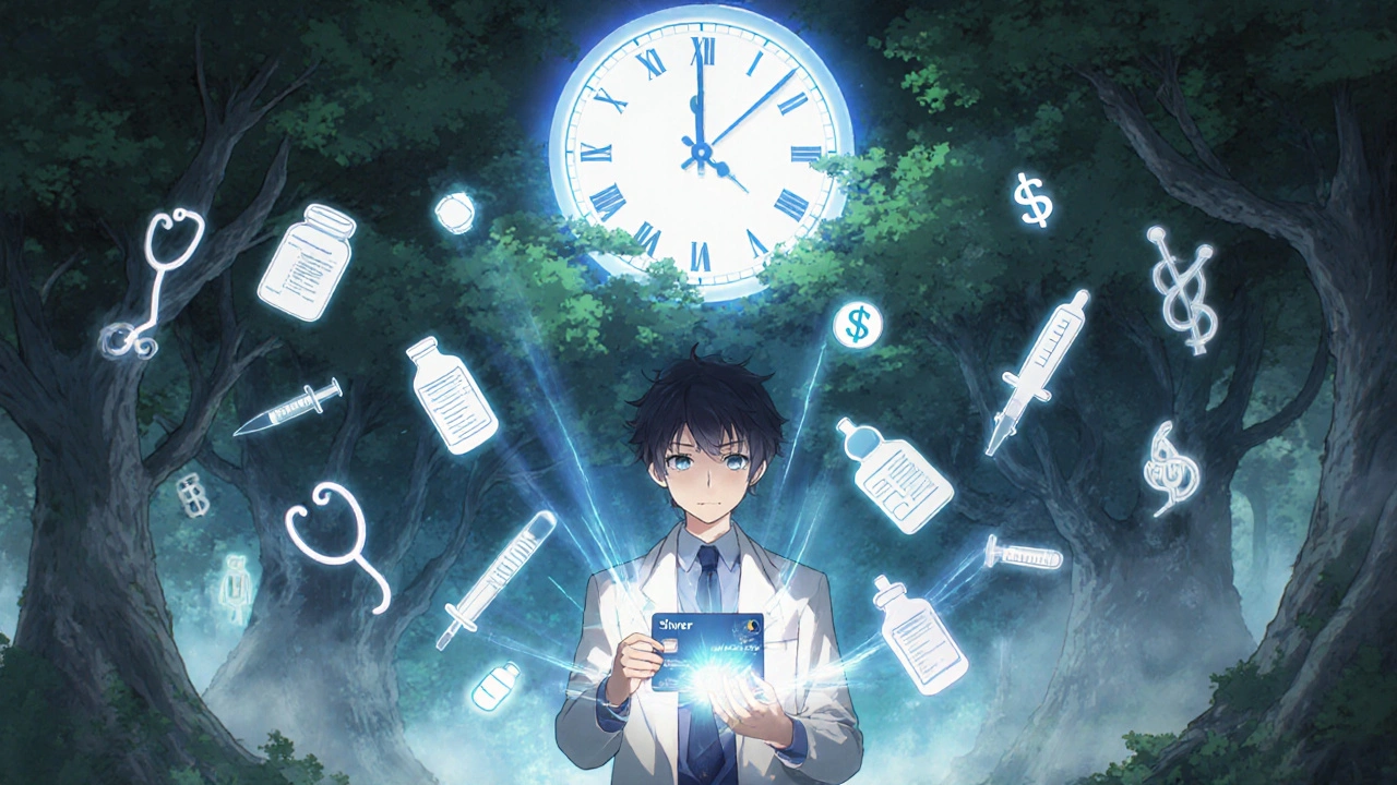 A person holding a glowing Silver health plan in a forest of medical symbols, with a countdown to expired subsidies above.