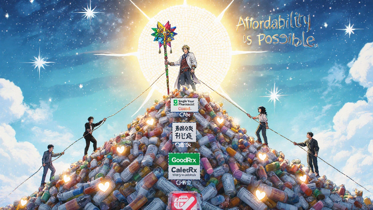 A pharmacist atop a mountain of pill bottles leads patients up a path of discount coupons.