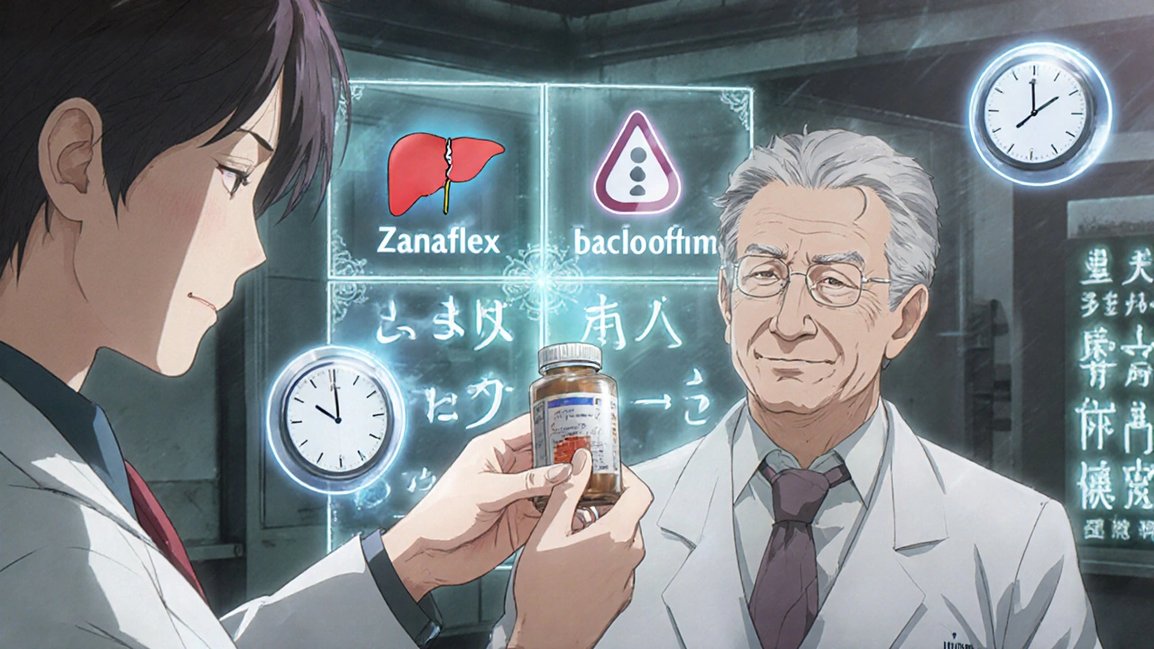 A pharmacist gives a pill bottle while floating warnings and drug comparison glyphs hover nearby.