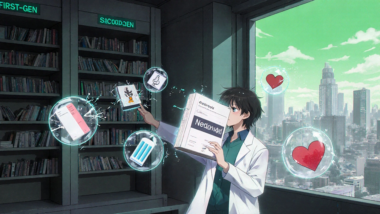 A pharmacist in a futuristic library selects nebivolol as glowing patient data orbs show improved health outcomes.