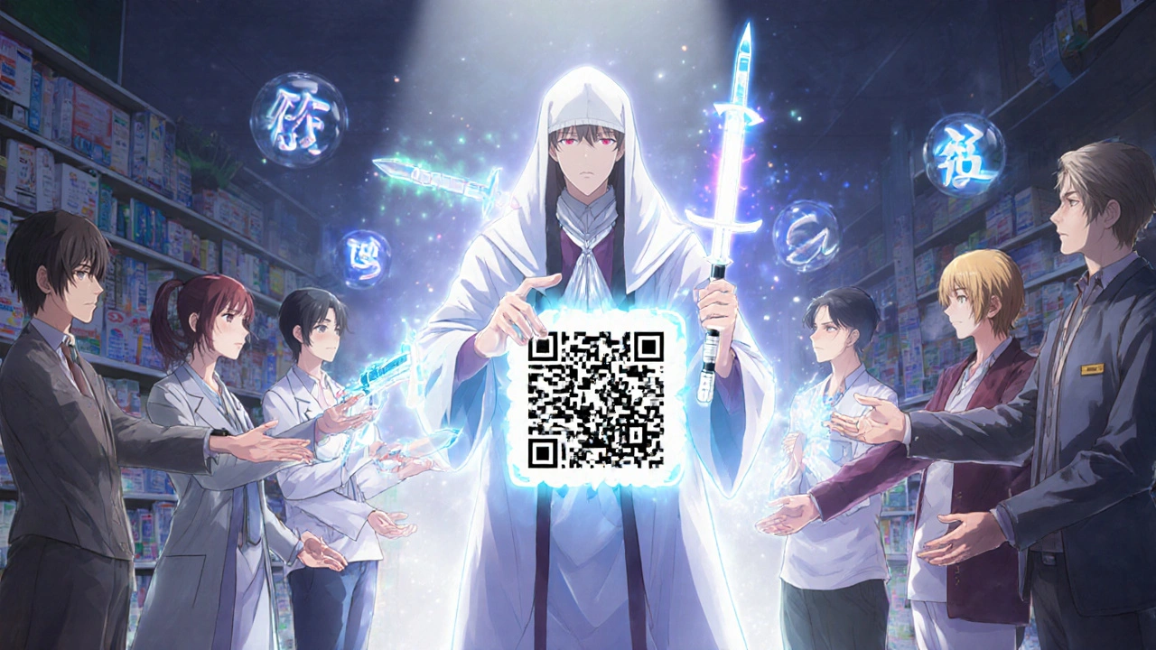 A pharmacist projects a holographic tutorial as patients receive radiant health tools in a mystical pharmacy setting.