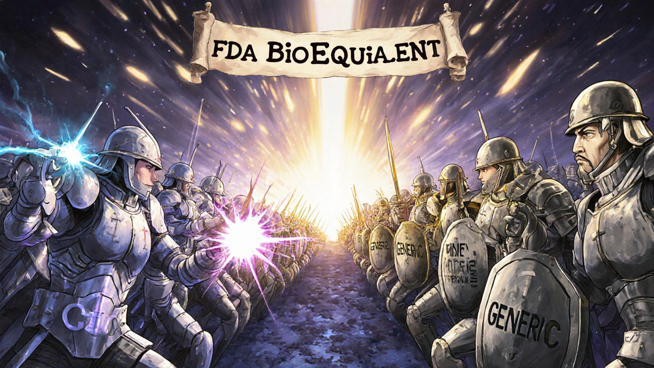 A surreal brain battlefield where generic and branded neuron armies transform into golden warriors as a truth scroll activates healing light.