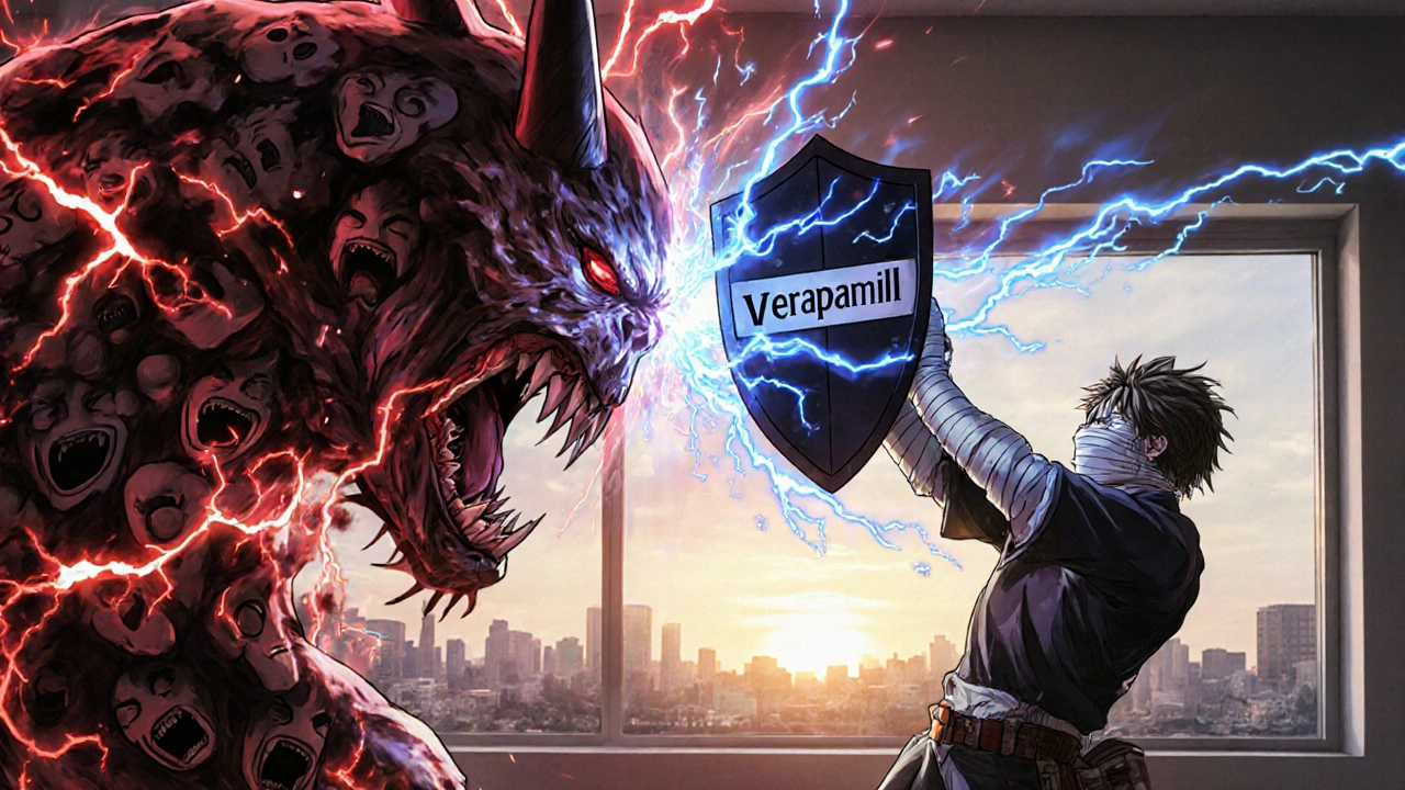A warrior defeats a fiery pain monster with a shield labeled &#039;Verapamil&#039; as calm returns.