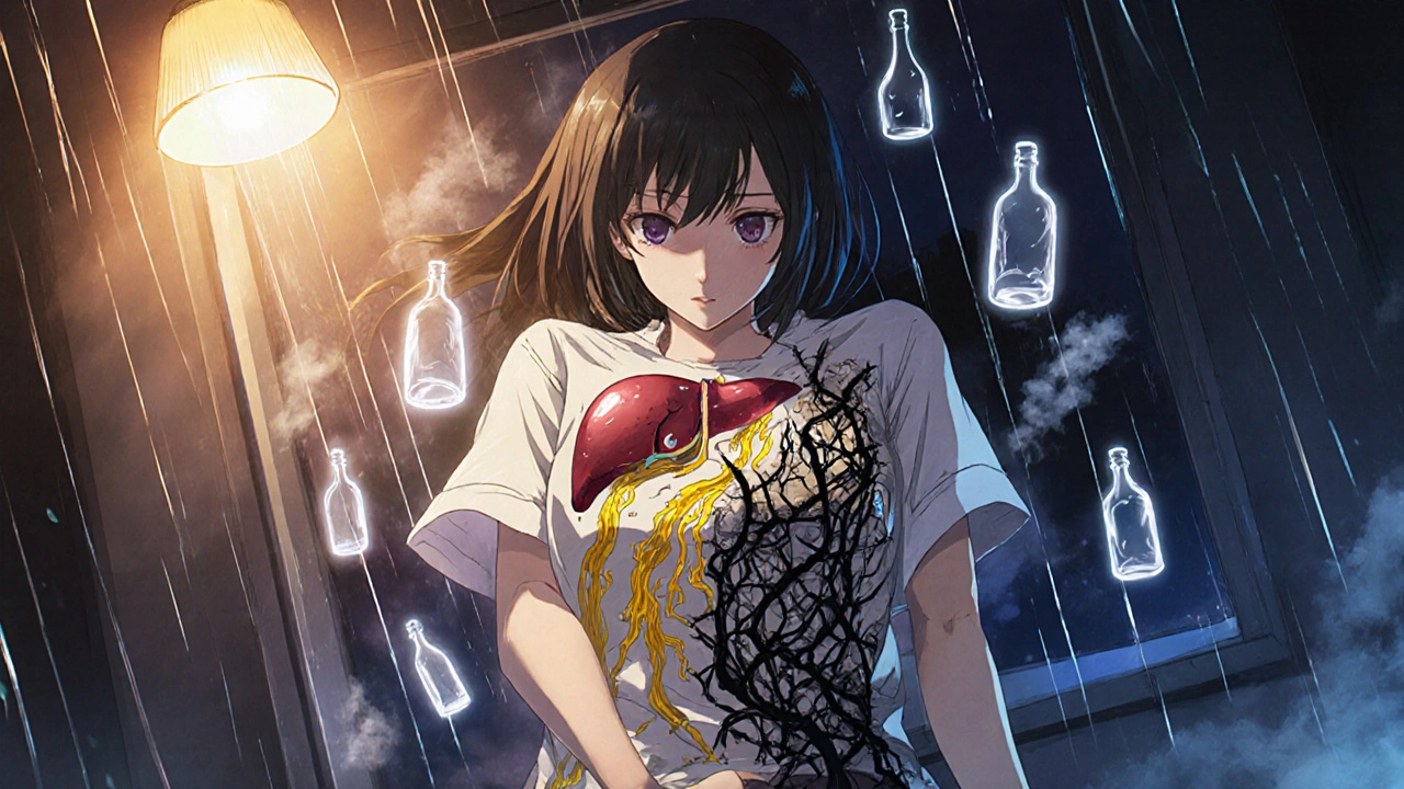 A woman collapsing as her liver transforms into a crumbling temple with golden rivers and black vines.