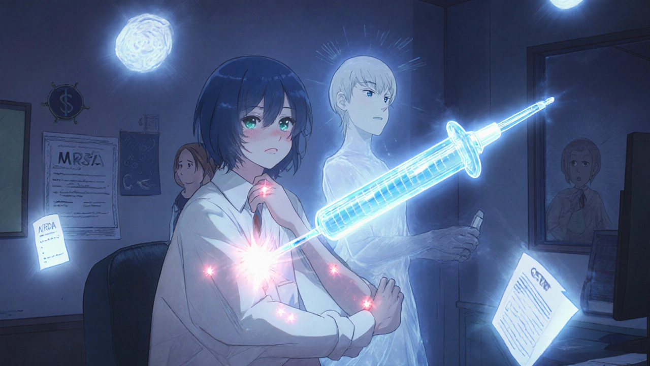 An allergist’s office with a floating skin test needle and glowing symbols of safe antibiotics replacing a fading childhood memory.