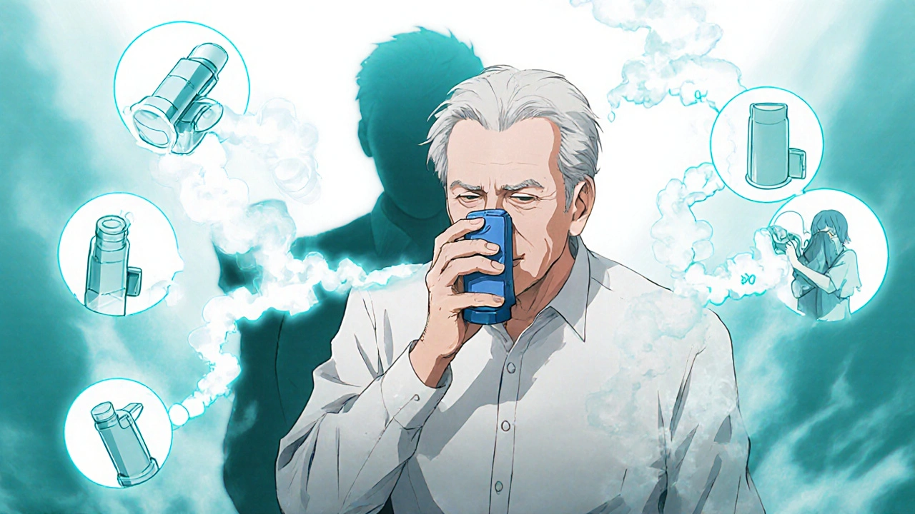 An elderly person correctly uses an inhaler with floating instructional runes, while confused attempts fade into smoke.