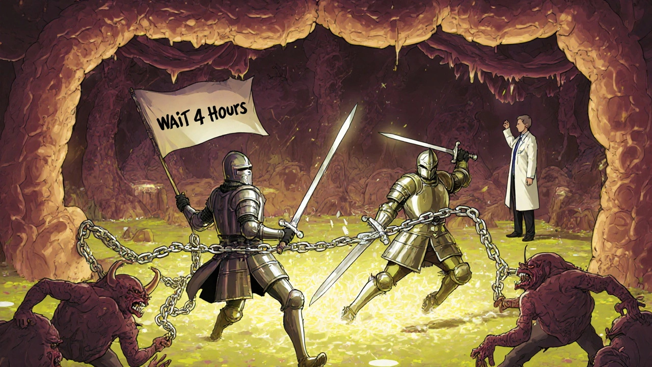 Antibiotic knights battling metallic chains in the intestine, with a 'Wait 4 Hours' banner in the background.