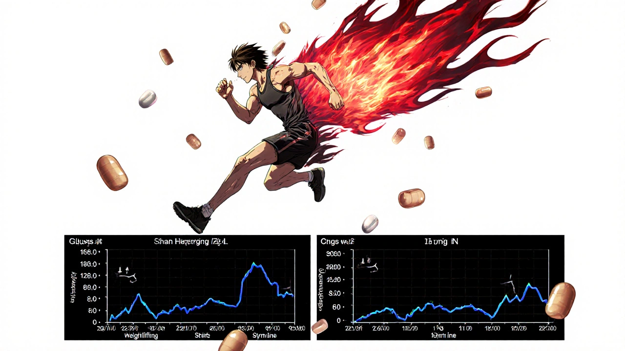 Athlete sprinting upward with adrenaline flames, glucose levels displayed as floating numbers during workout.