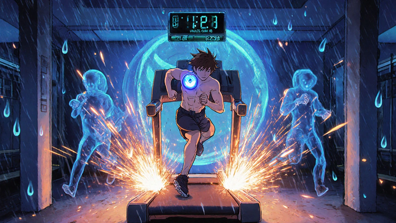 Athlete sprinting with adrenaline sparks and an auto-adjusting insulin pump in a dynamic gym scene.