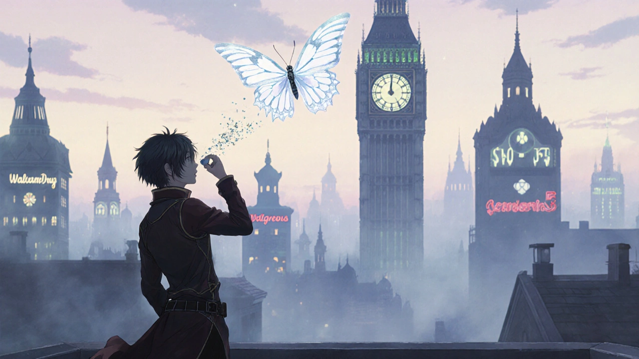 Character takes a pill at dawn as a pollen butterfly flies away, with a price clock changing from  to .