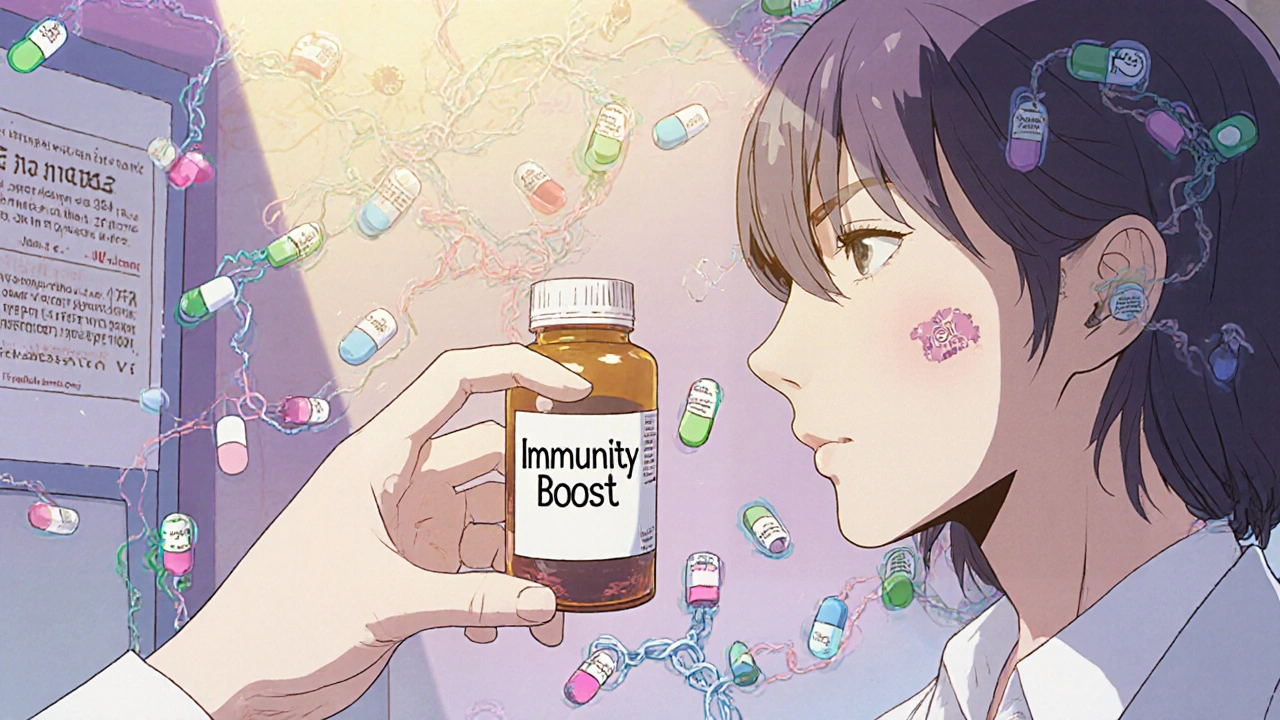 Doctor examining a supplement bottle surrounded by magical drug interaction chains.
