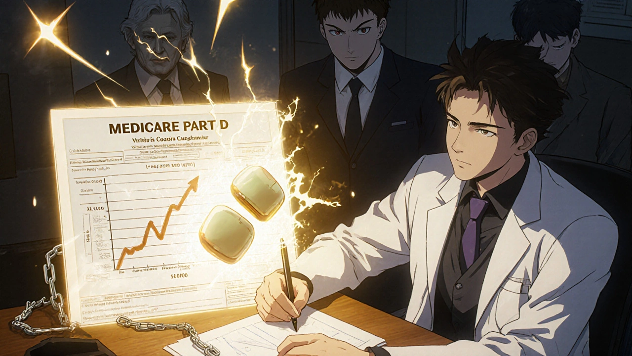 Doctor writing an appeal letter that transforms two pills into one with magical glowing ink.