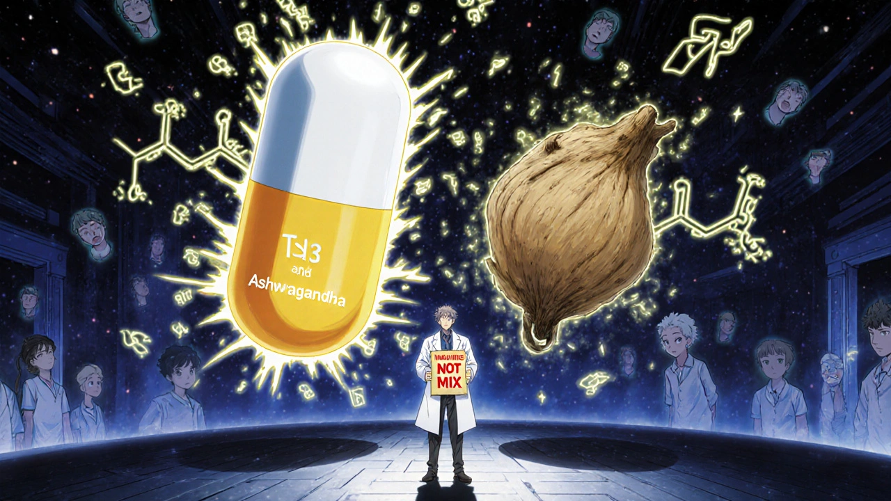 Giant levothyroxine pill and ashwagandha root battling in a cosmic lab with floating hormone symbols.