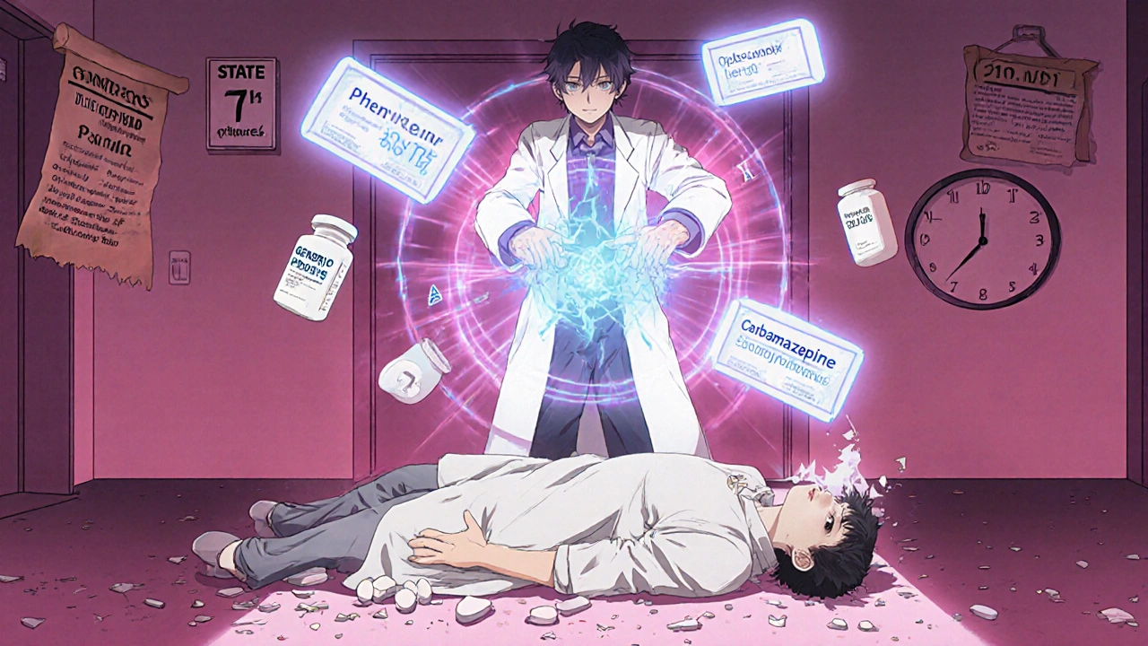 Neurologist shielding a seizure patient with glowing NTI drug icons while generic pills break apart.