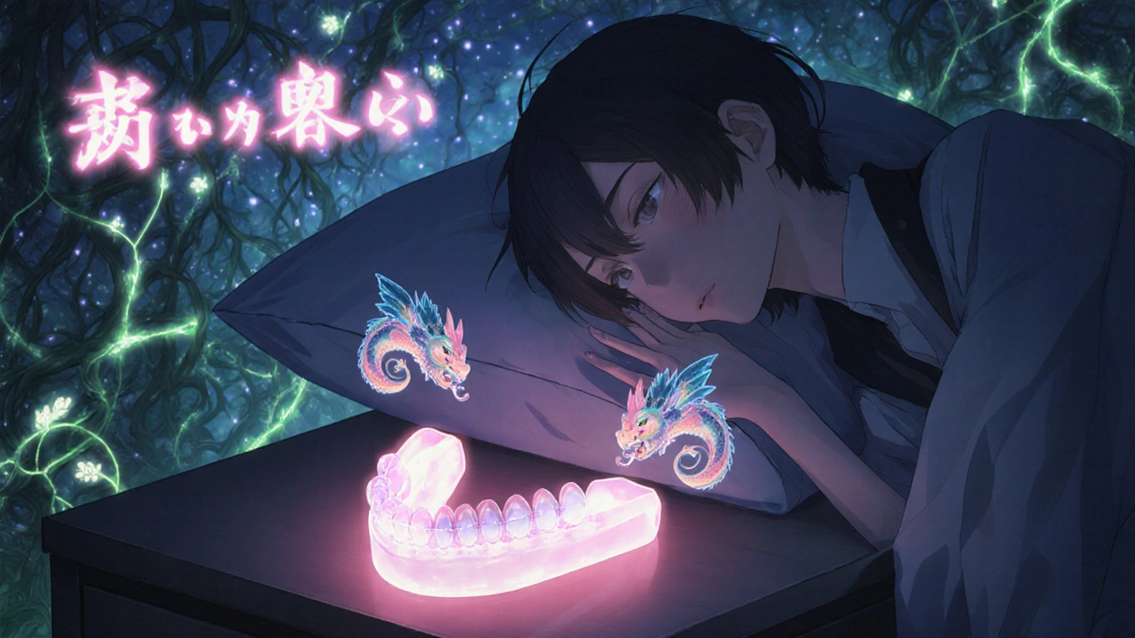 Oral appliance glowing with energy on a nightstand, tiny wind dragons correcting airway blockage in a dream forest.