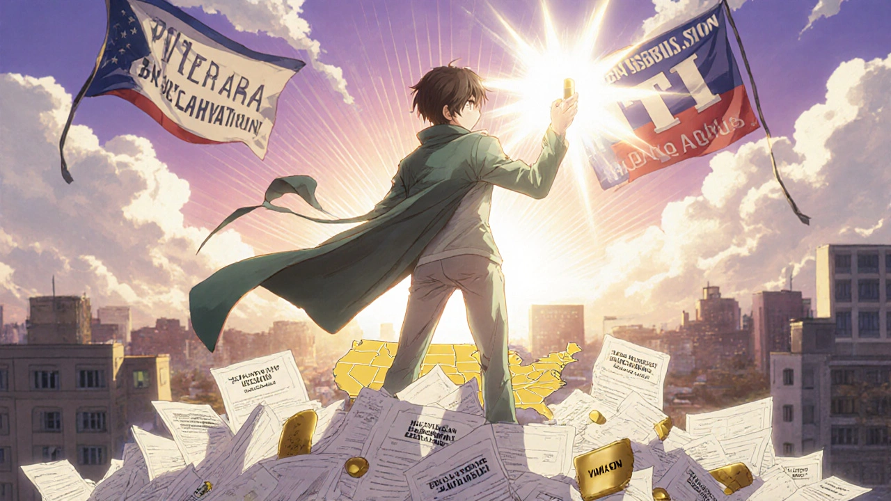 Patient standing on paperwork mountain, holding a glowing NTI pill as 22 U.S. states light up below.