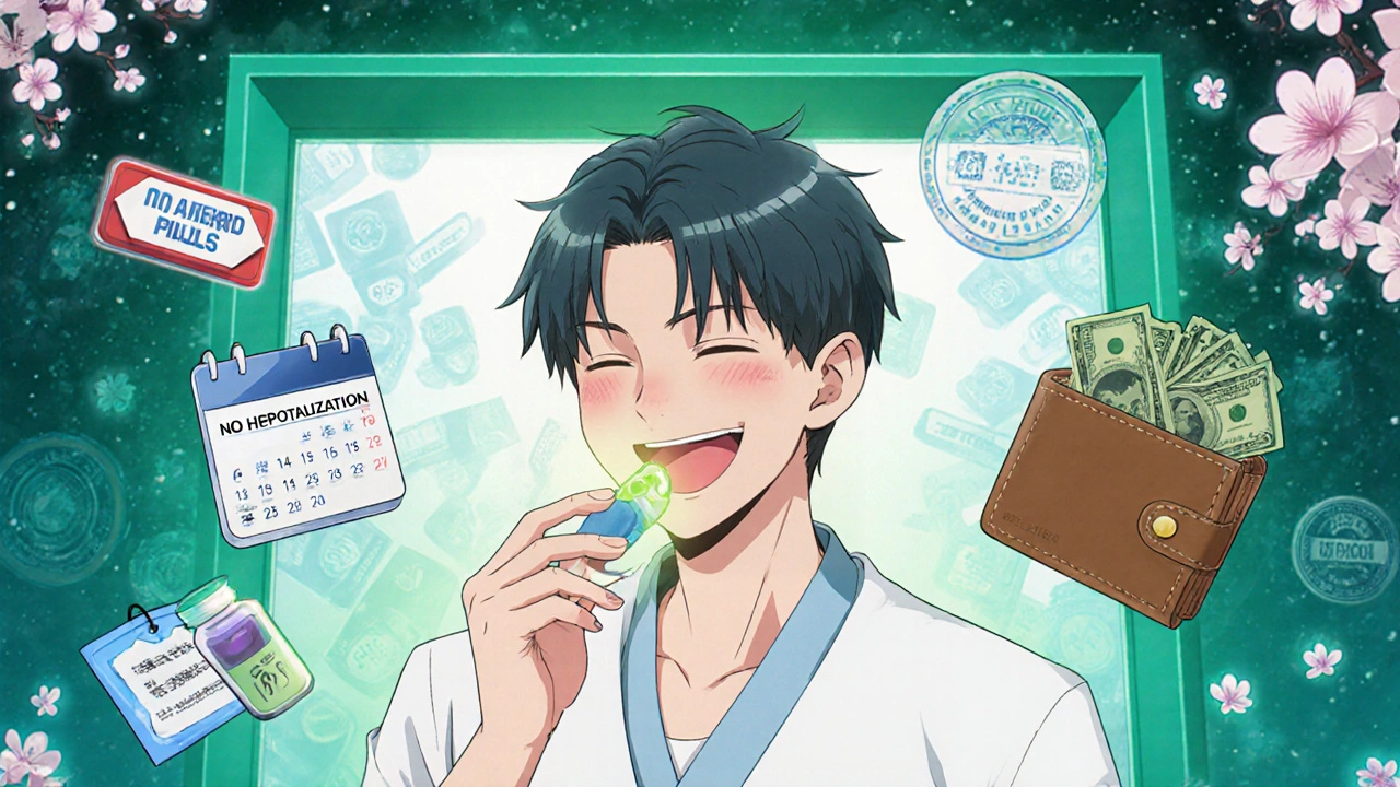 Patient swallowing a combo pill surrounded by icons of health, savings, and future accessibility.