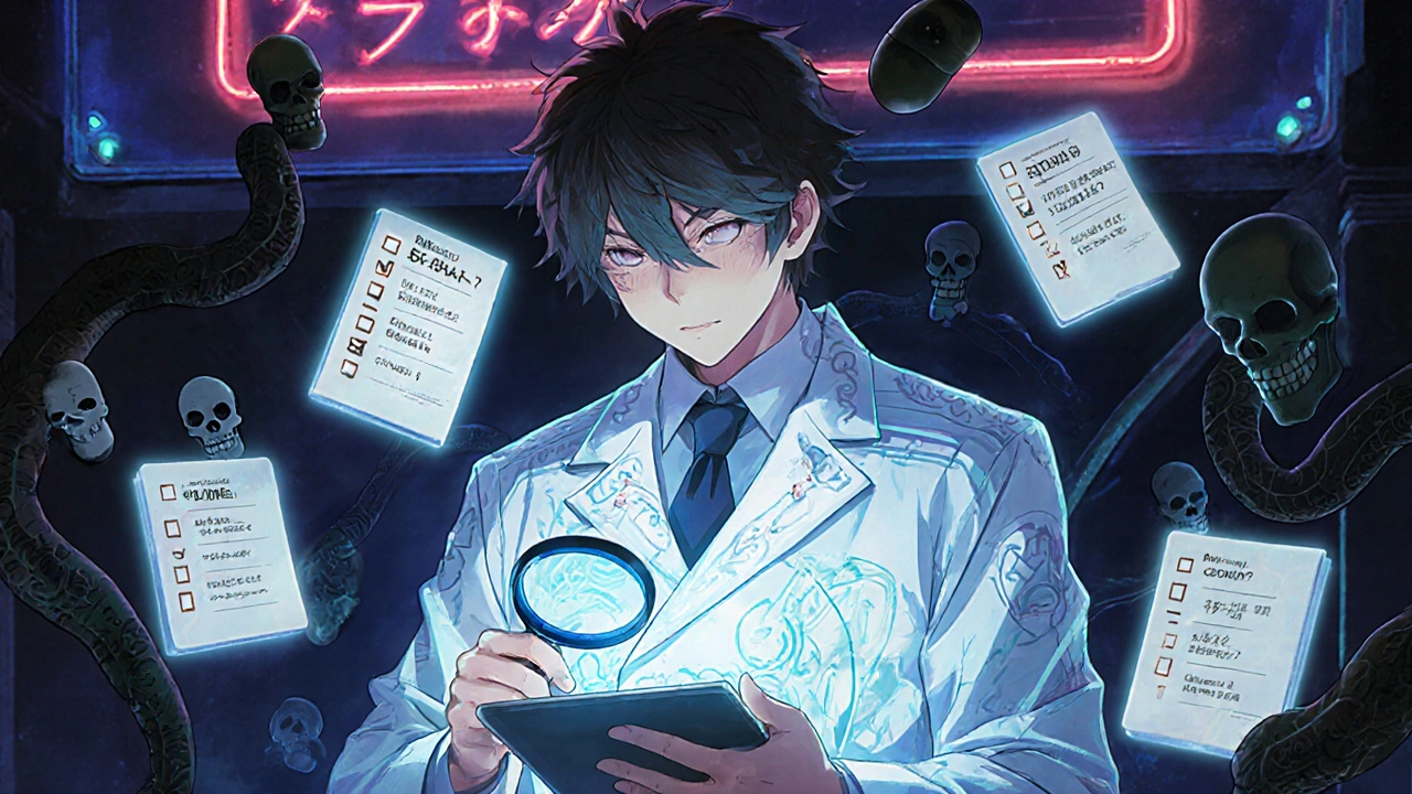 Pharmacist with rune-covered coat examines a glowing tablet as counterfeit pills flee in shadow.