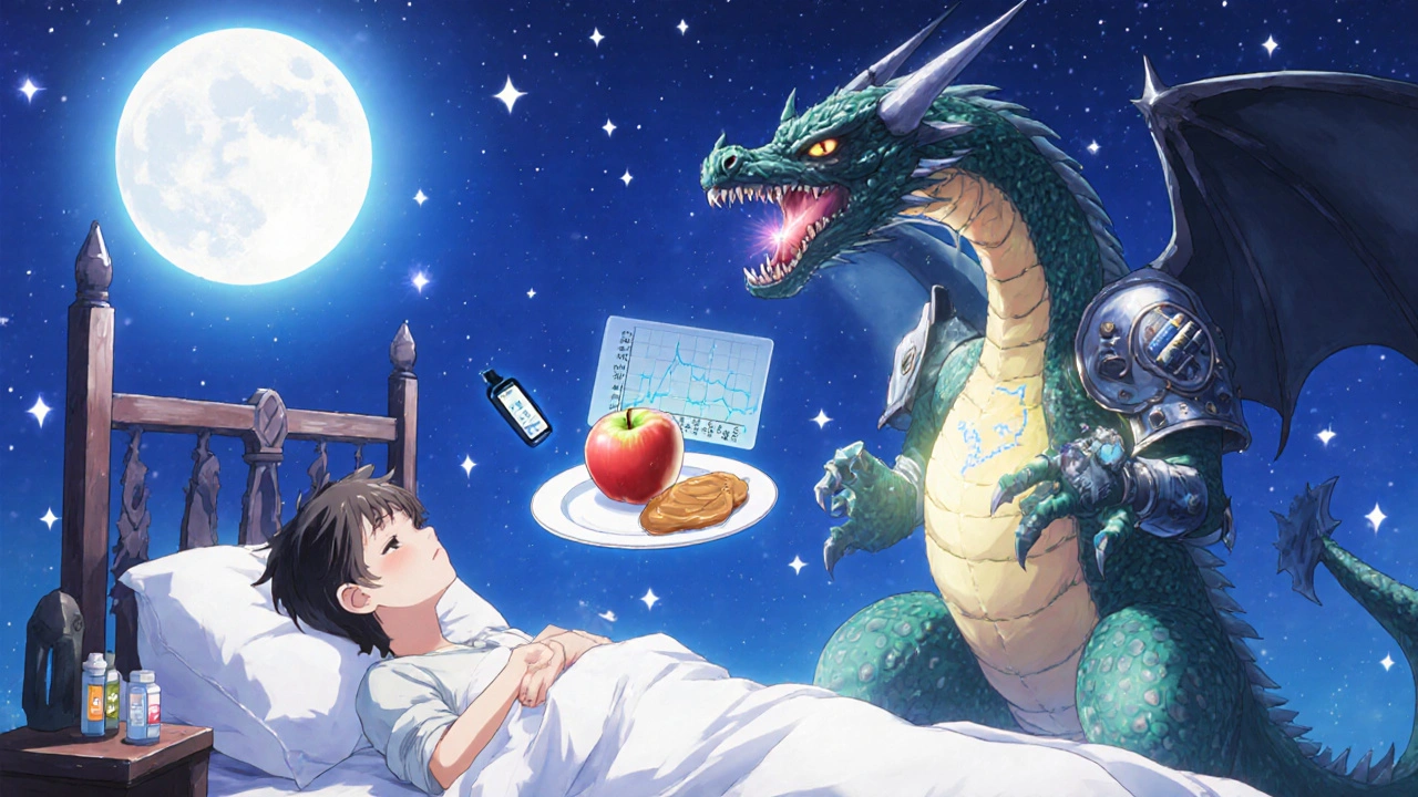 Sleeping person with a glucagon dragon battling a hypoglycemia monster above their bed in fantasy style.