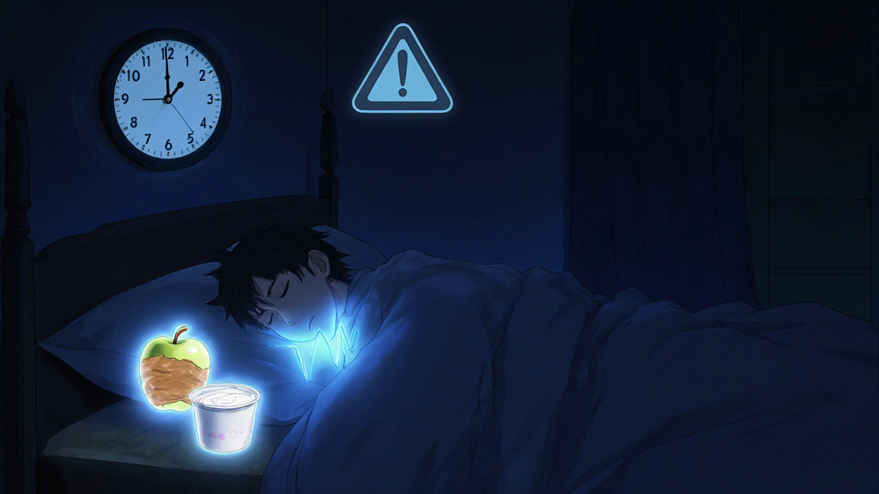 Sleeping person with glowing healthy snack beside bed, night-time hypoglycemia prevention symbolized softly.