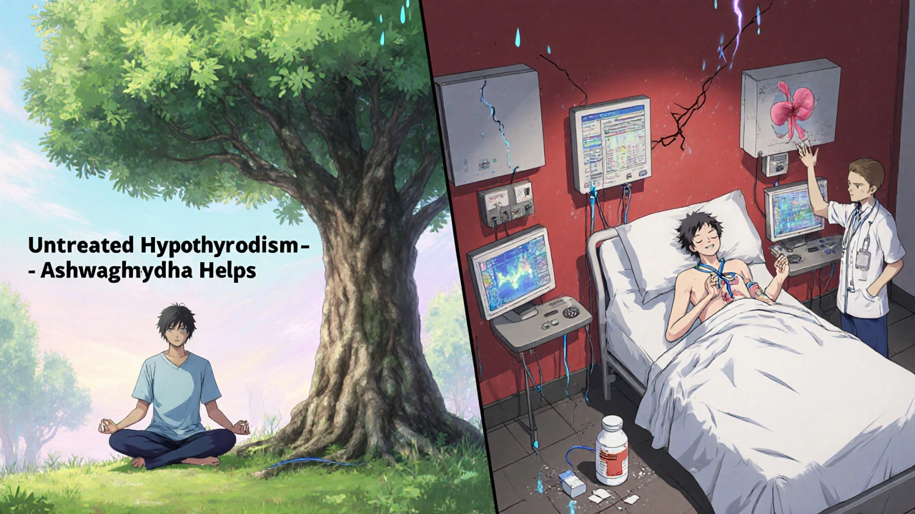 Split scene: peaceful forest vs hospital bed, showing ashwagandha’s dual impact on thyroid health.