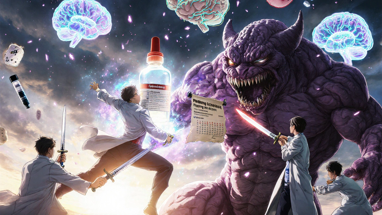 Symbolic battle inside a brain: steroid monster vs. doctors with tapering scroll, neural pathways glowing.