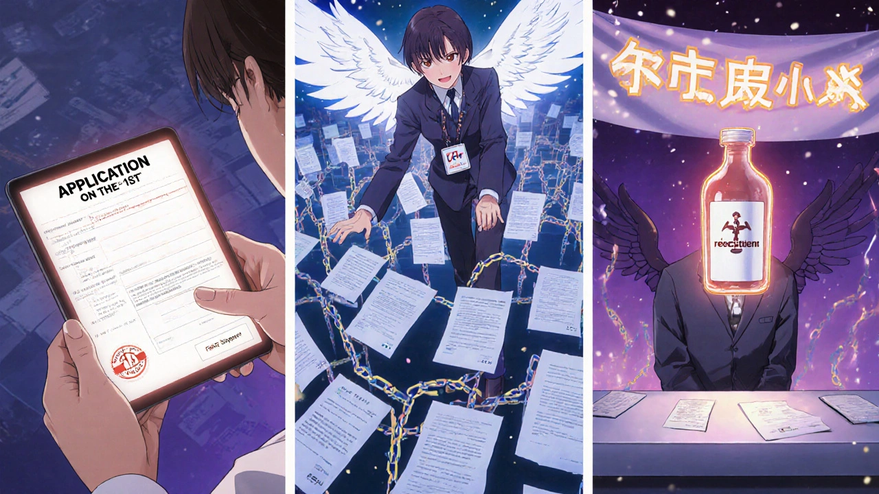 Three-panel scene showing application submission, guidance through paperwork, and medication received with glowing text.