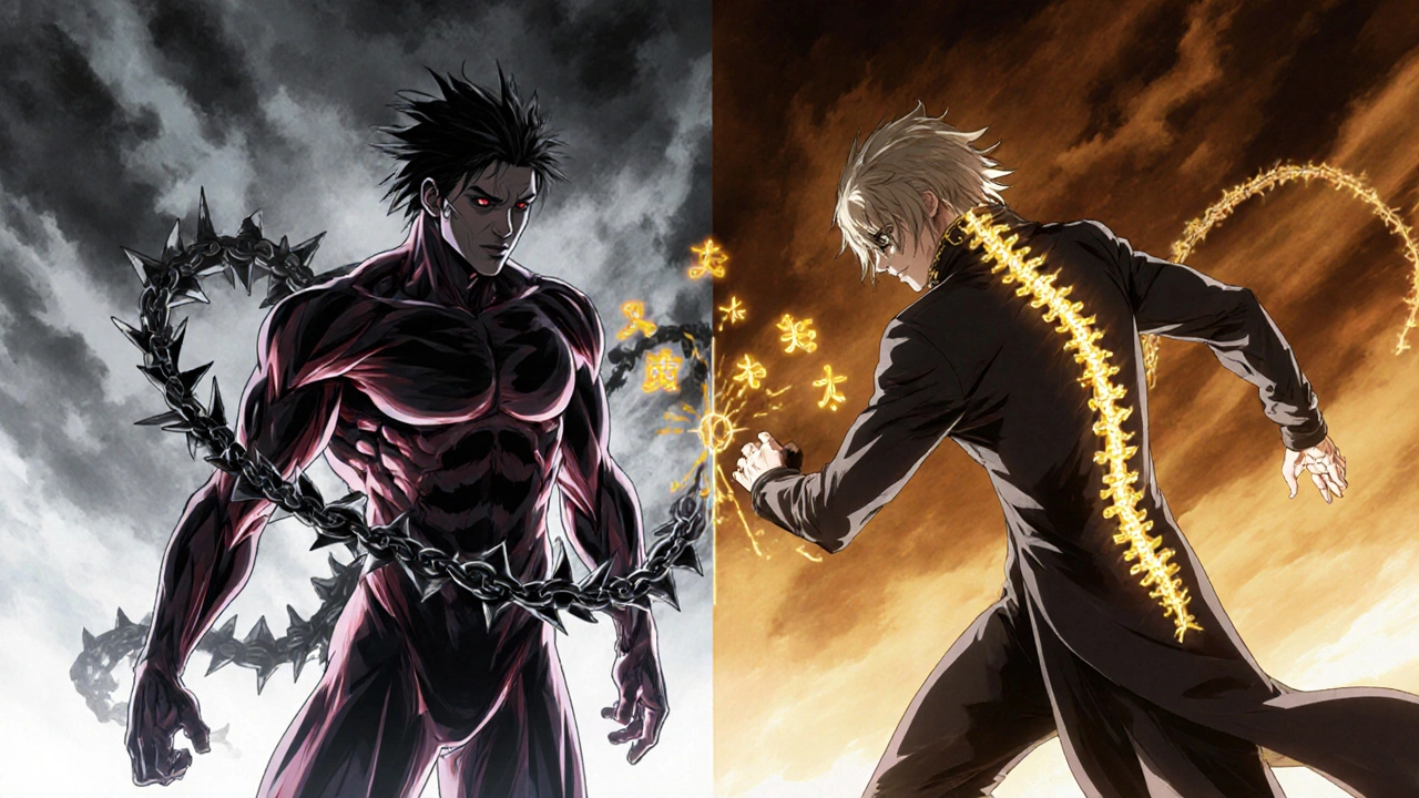 Two figures: one trapped by dark muscle chains, the other moving freely as neural signals dim.