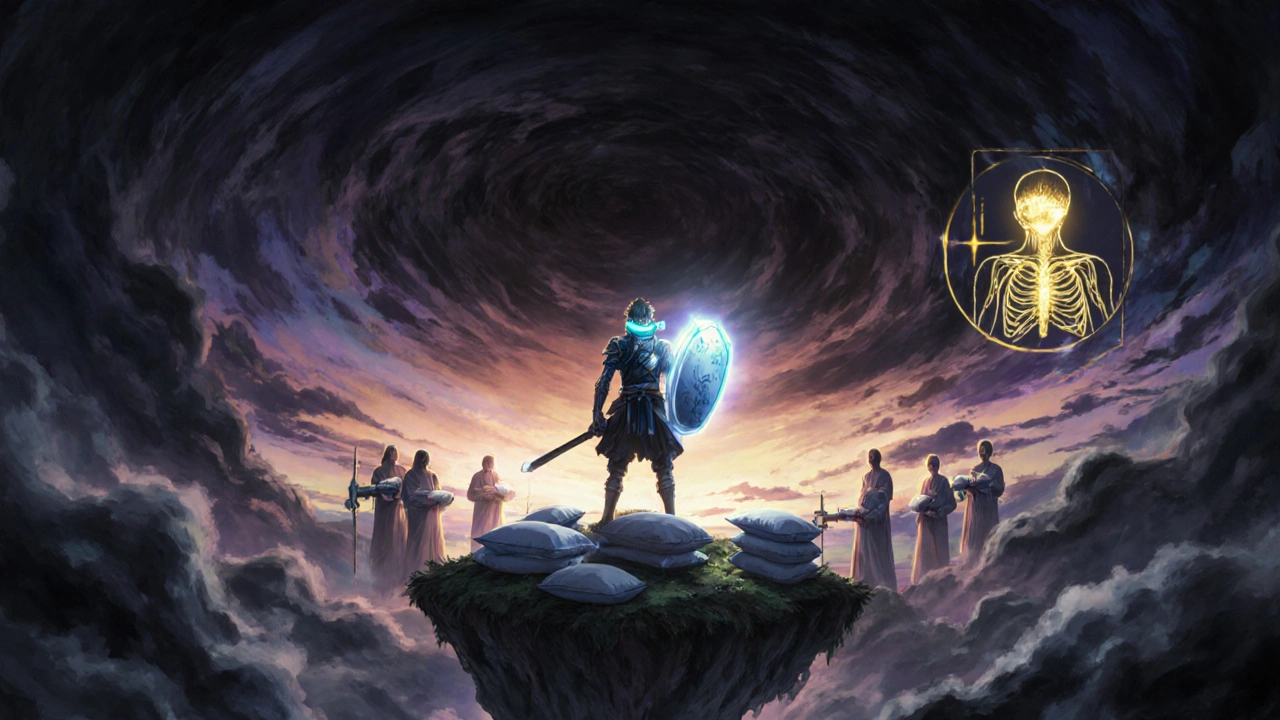 Warrior battles snoring shadows with a chin strap shield, medical spirits holding CPAP devices in a surreal sky battlefield.