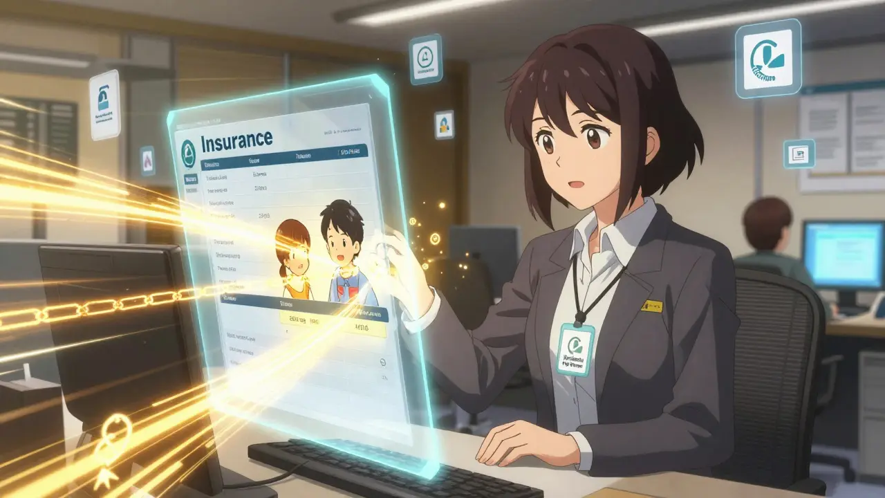 A caseworker in a futuristic office automatically enrolls a child into CHIP using real-time data streams as job loss is detected.