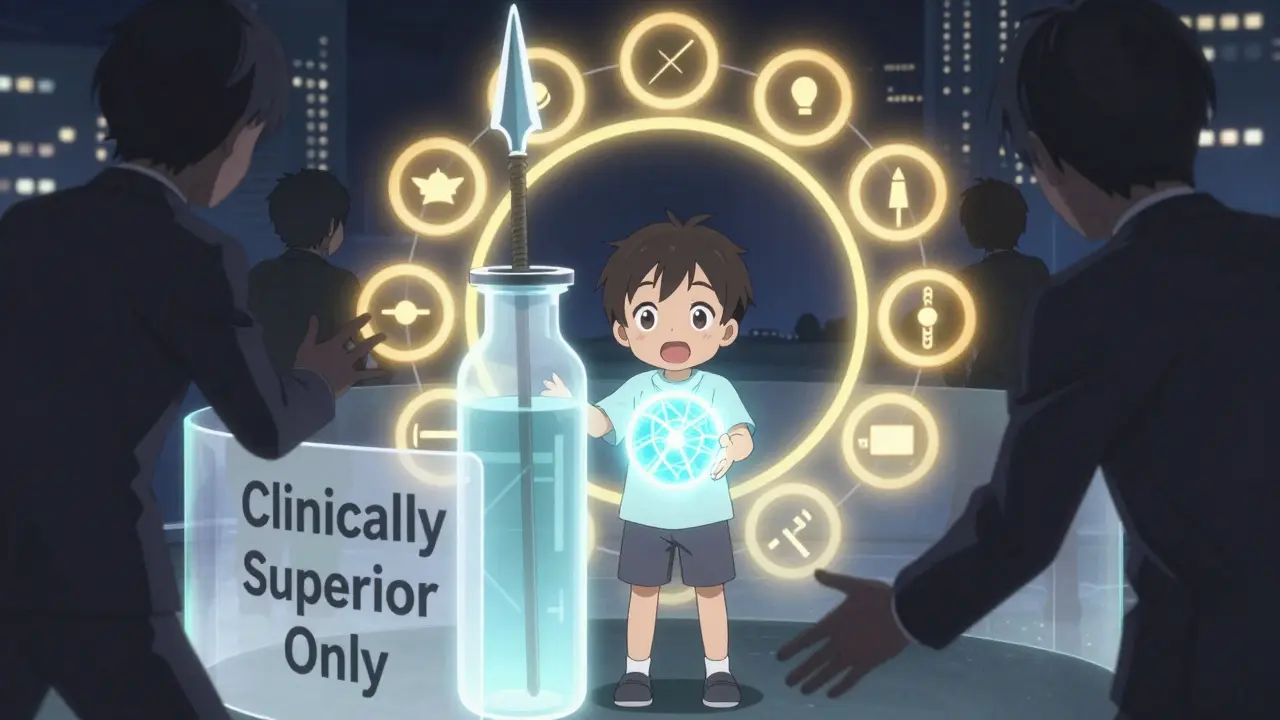 A child holding a rare disease symbol, protected by seven golden rings of exclusivity, while corporate figures are barred from accessing the drug.