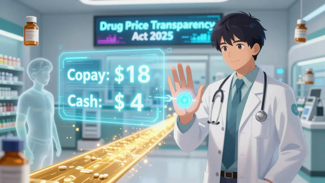 A doctor using a holographic medical interface to show lower drug costs to a patient.