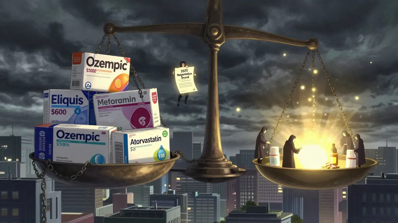 A giant scale contrasts expensive brand-name drugs with cheap generics, as negotiators descend with a glowing contract.