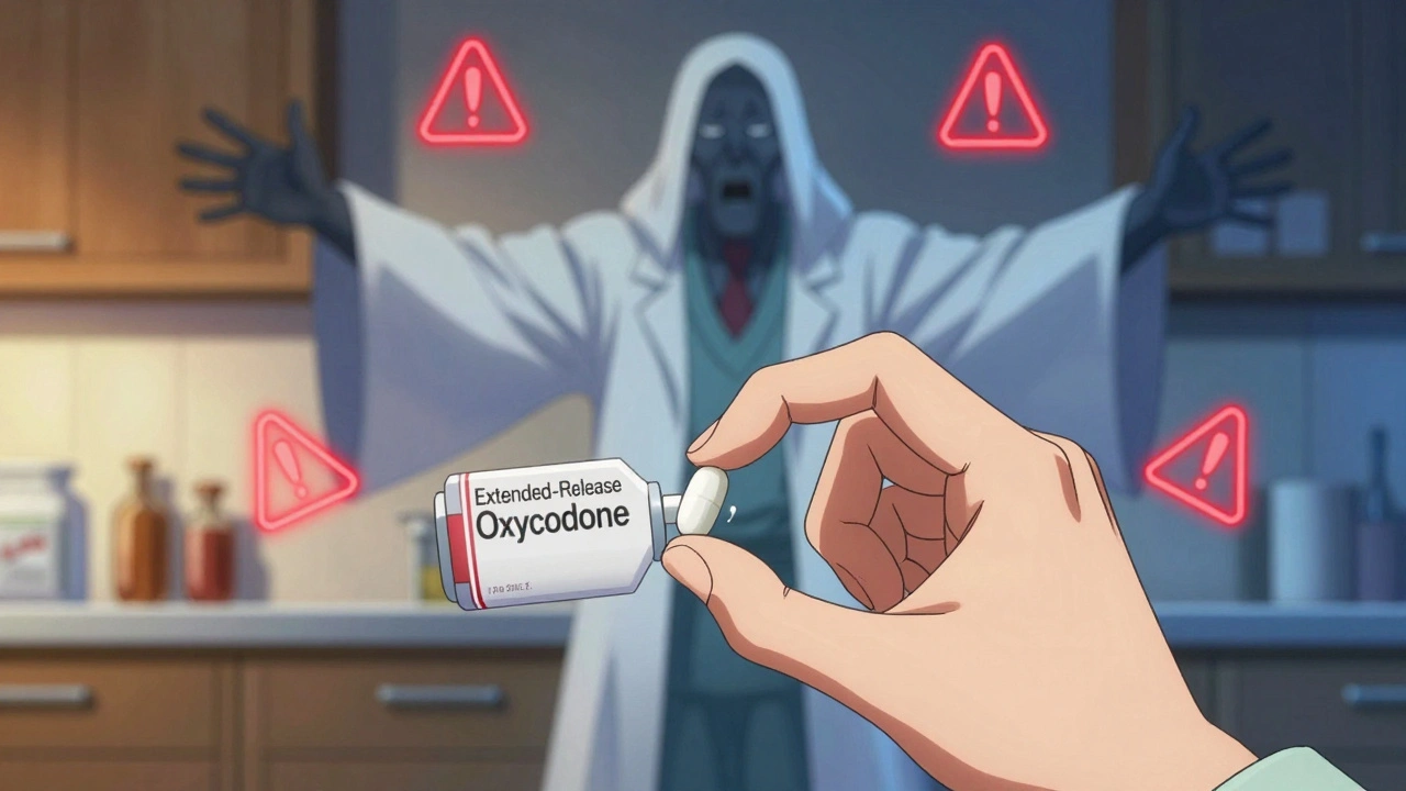 A hand reaching to crush a pill as a pharmacist spirit appears, with glowing red warning runes in the air.
