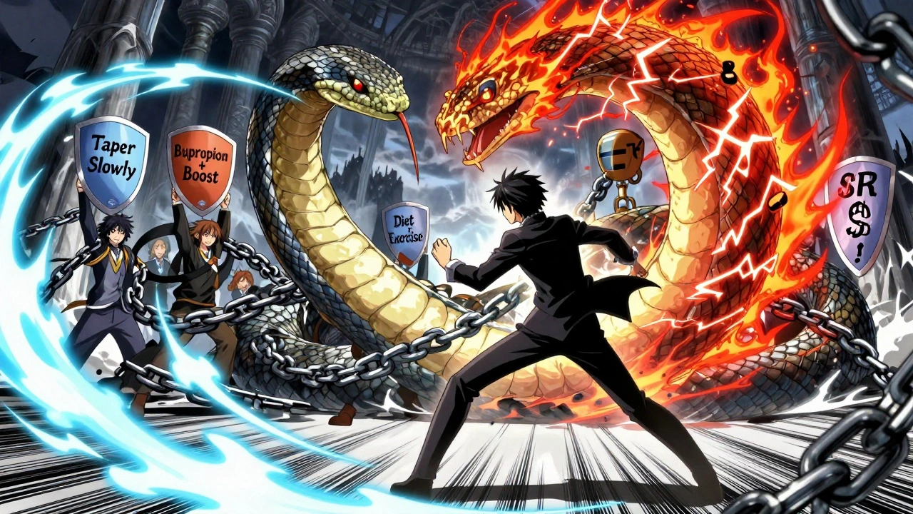 A hero battling a serpent made of SSRIs with symptoms as scales, aided by shields labeled with management strategies.