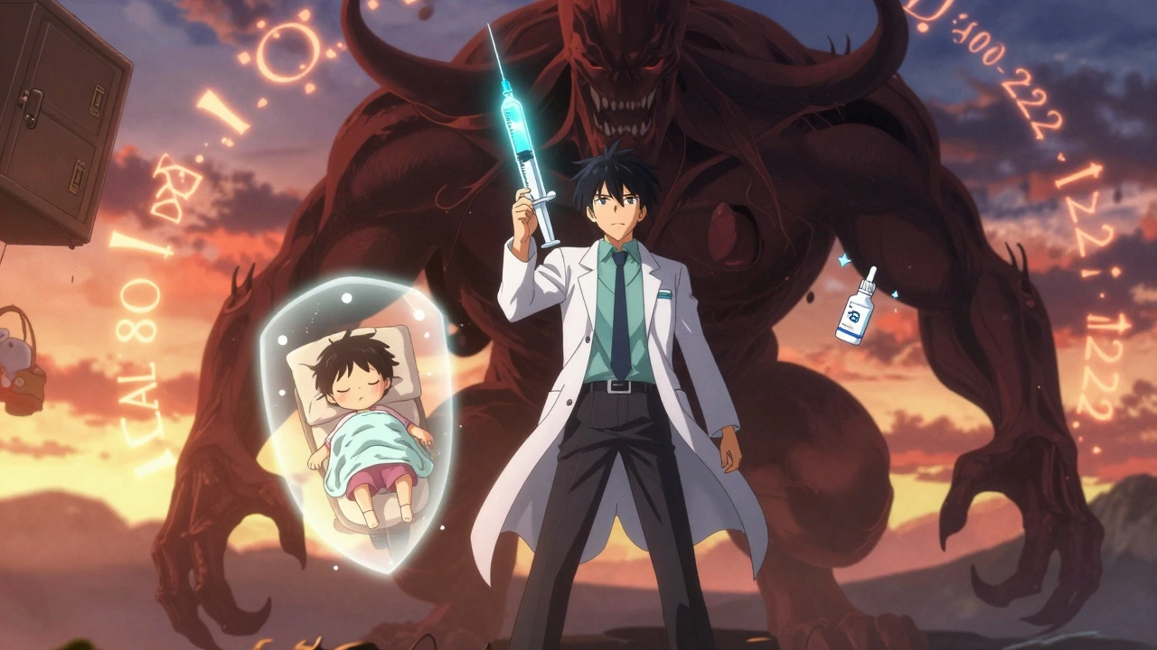 A hero in a lab coat fights a liver-shaped monster with a glowing syringe, while a child sleeps safely under protective light.
