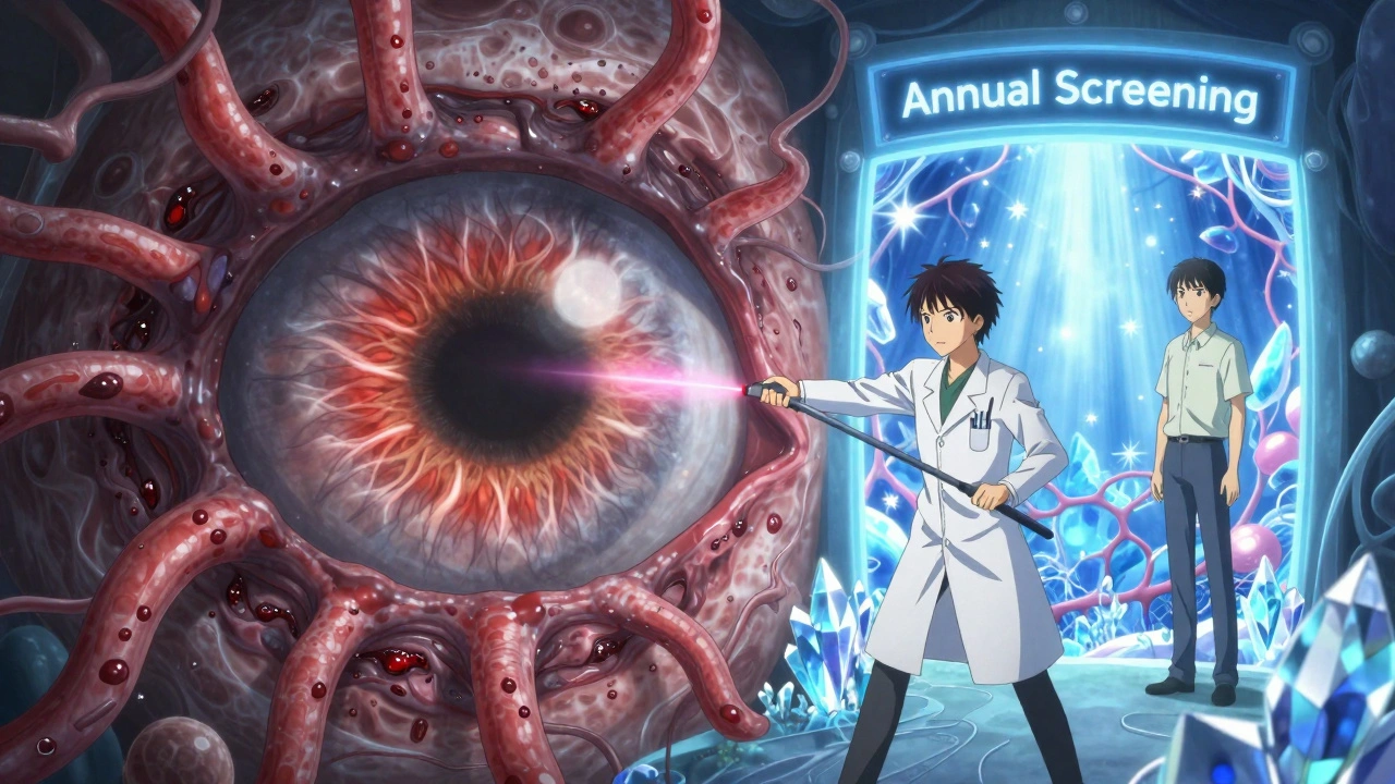 A heroic figure battles a monstrous retinopathy entity inside the eye, with a portal to preserved vision glowing behind them.