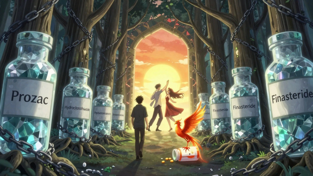 A man walks past towering pill bottles as chains bind the roots, a glowing portal shows hope and renewal ahead.