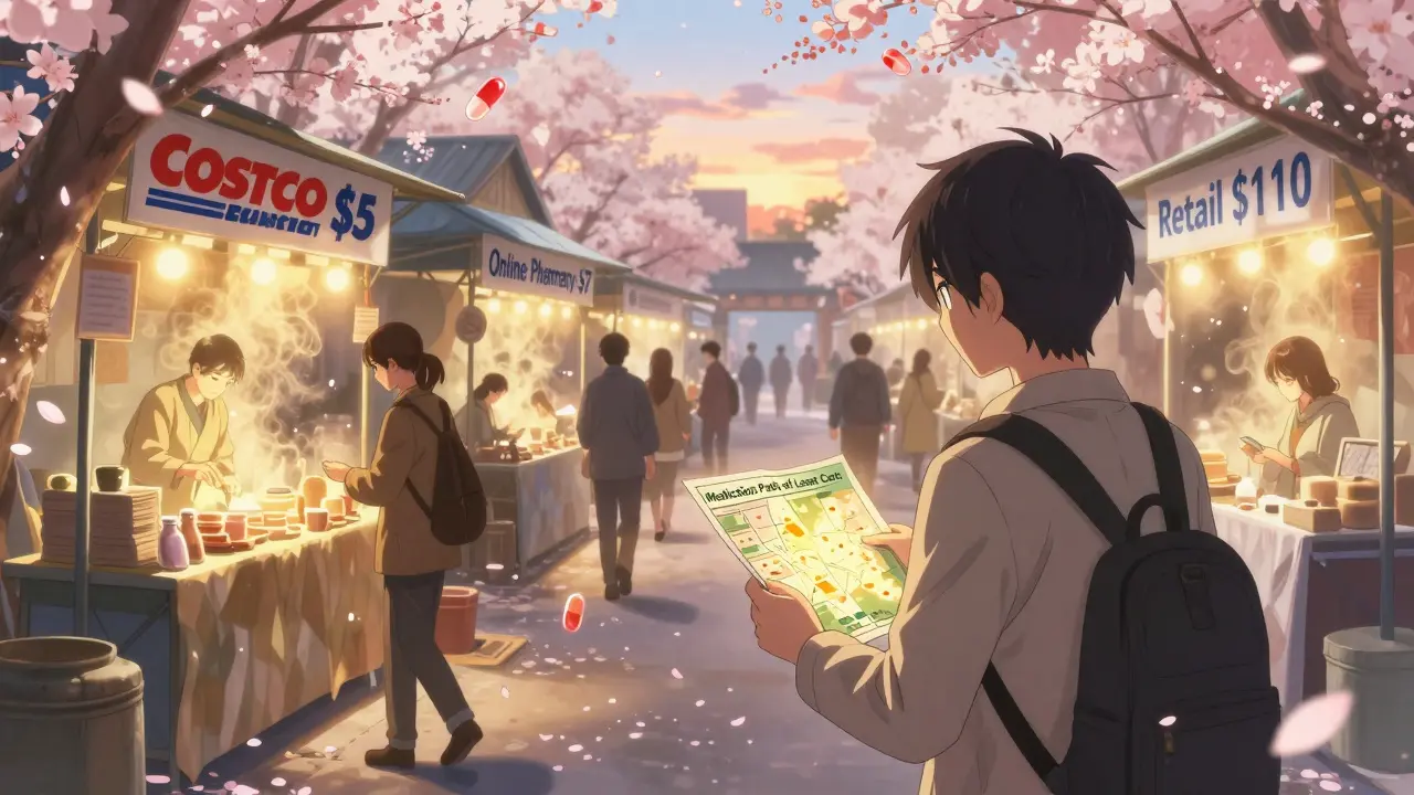 A marketplace with three price stalls for medication, glowing differently, as a person holds a glowing cost-saving map.