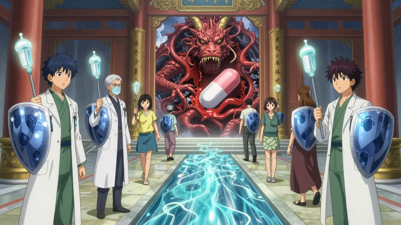 A mystical dental clinic where tranexamic acid and pressure gauze seal dangerous clots, symbolizing modern safe dental care on blood thinners.