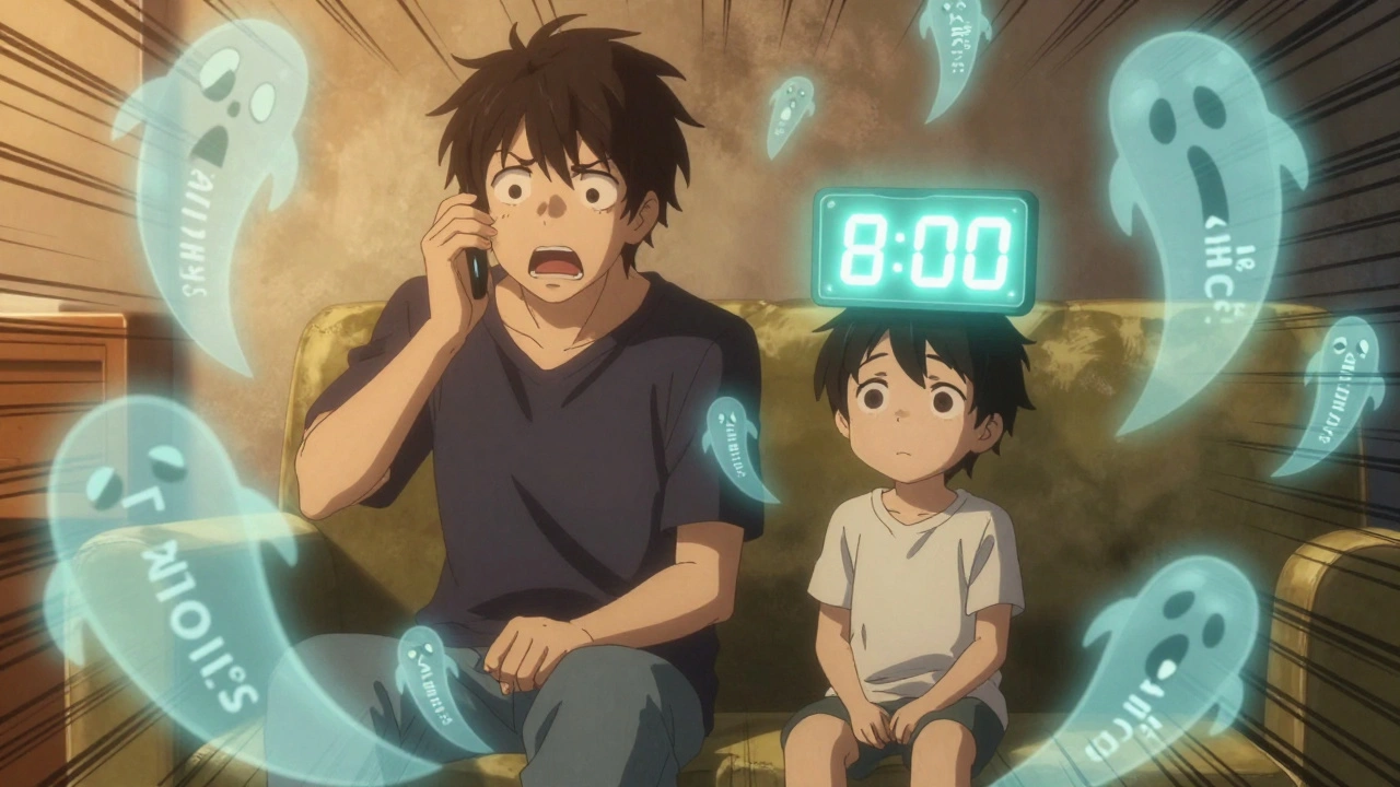 A parent on the phone as toxic chemical symbols swirl around their calm child, with a glowing 8-minute countdown above.