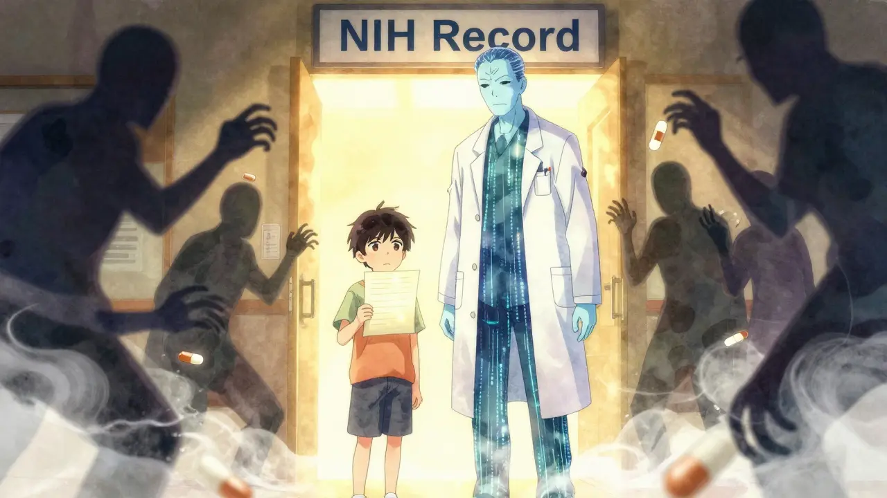 A patient hands a glowing list to a data-stream doctor-avatar, while shadowy supplements reach out behind them.