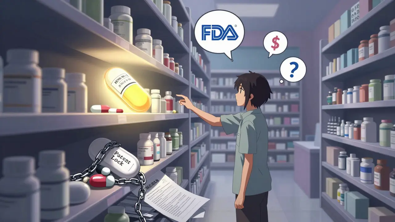 A patient reaches for an authorized generic pill among chains and contracts in a surreal pharmacy.