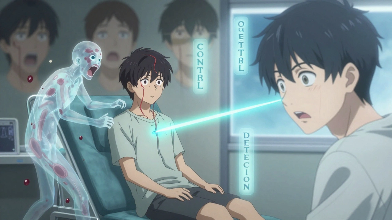 A patient receiving laser treatment as spectral blood vessels dissolve, with blurred and clear vision realms divided by glowing beams.