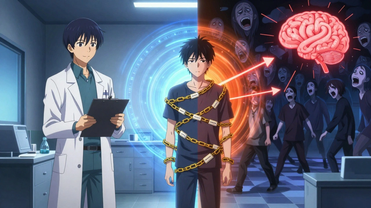 A patient surrounded by glowing medication chains in a medical room, inner turmoil visualized as a stormy void.