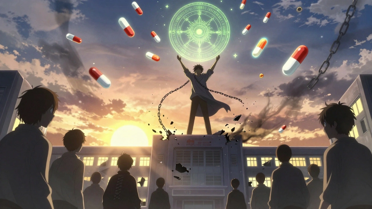 A person standing triumphantly atop a hospital as medication chains break apart, glowing treatment pills floating in dawn light.