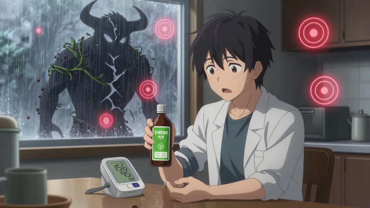 A person stares at a high blood pressure reading while holding green coffee extract, their shadow split into two monstrous forms.