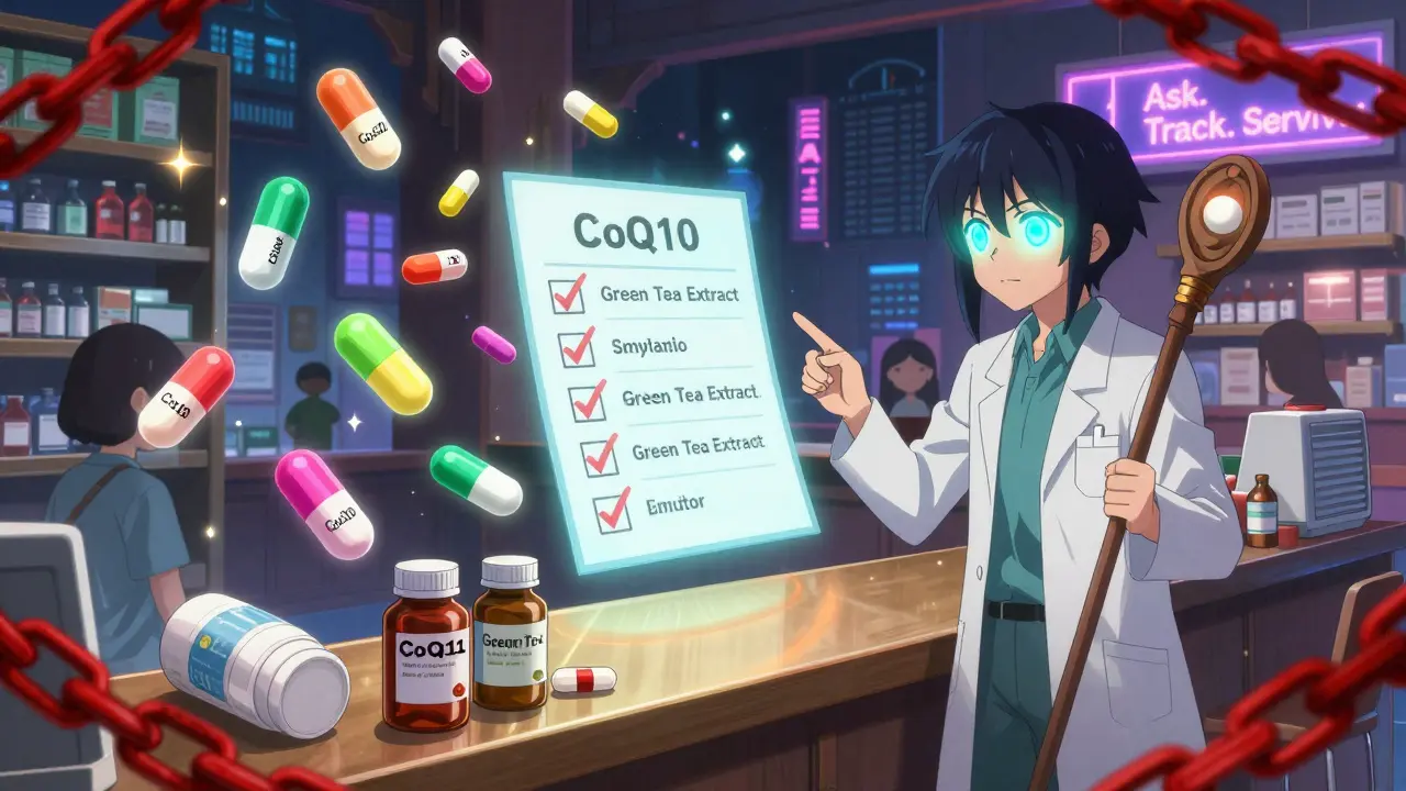 A pharmacist at a magical shrine scans floating supplement capsules, a red warning chain wrapping around a statin pill.