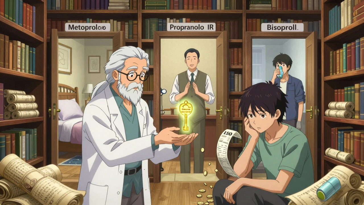 A pharmacist offers a key to a patient in a library of medical scrolls, with three doors showing different treatment outcomes.